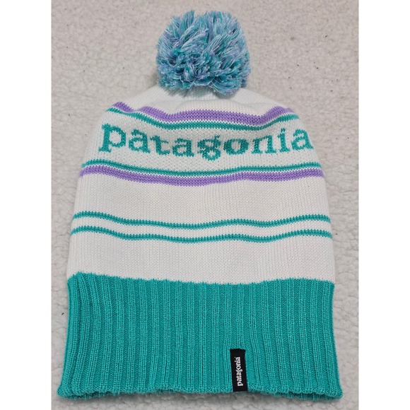 Patagonia Powder Town Beanie Teal Purple White Striped Pom Pom Knit Hat 29187 - Picture 5 of 10
